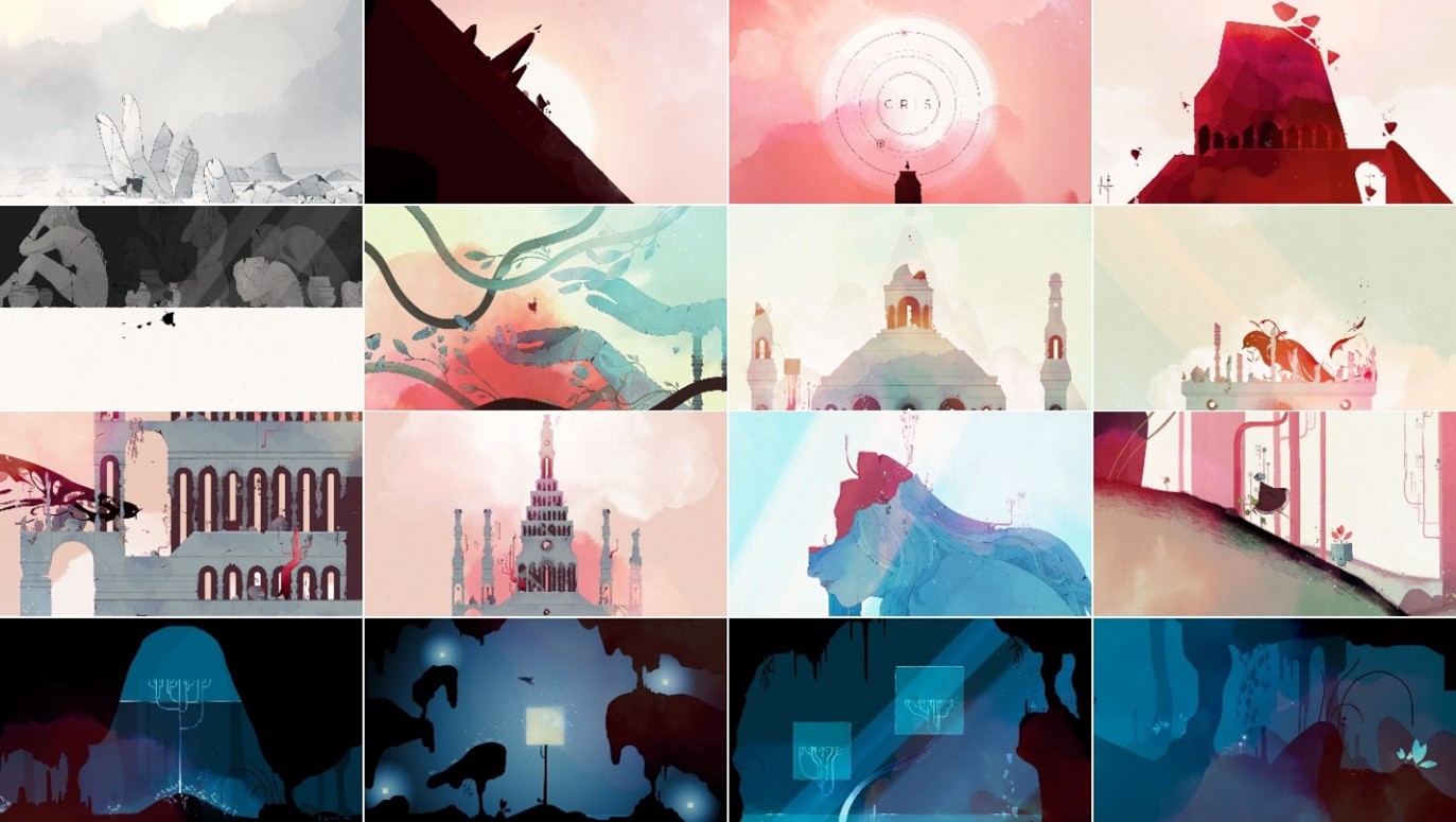 Secuencia de escenas del videojuego GRIS en distintas paletas de color