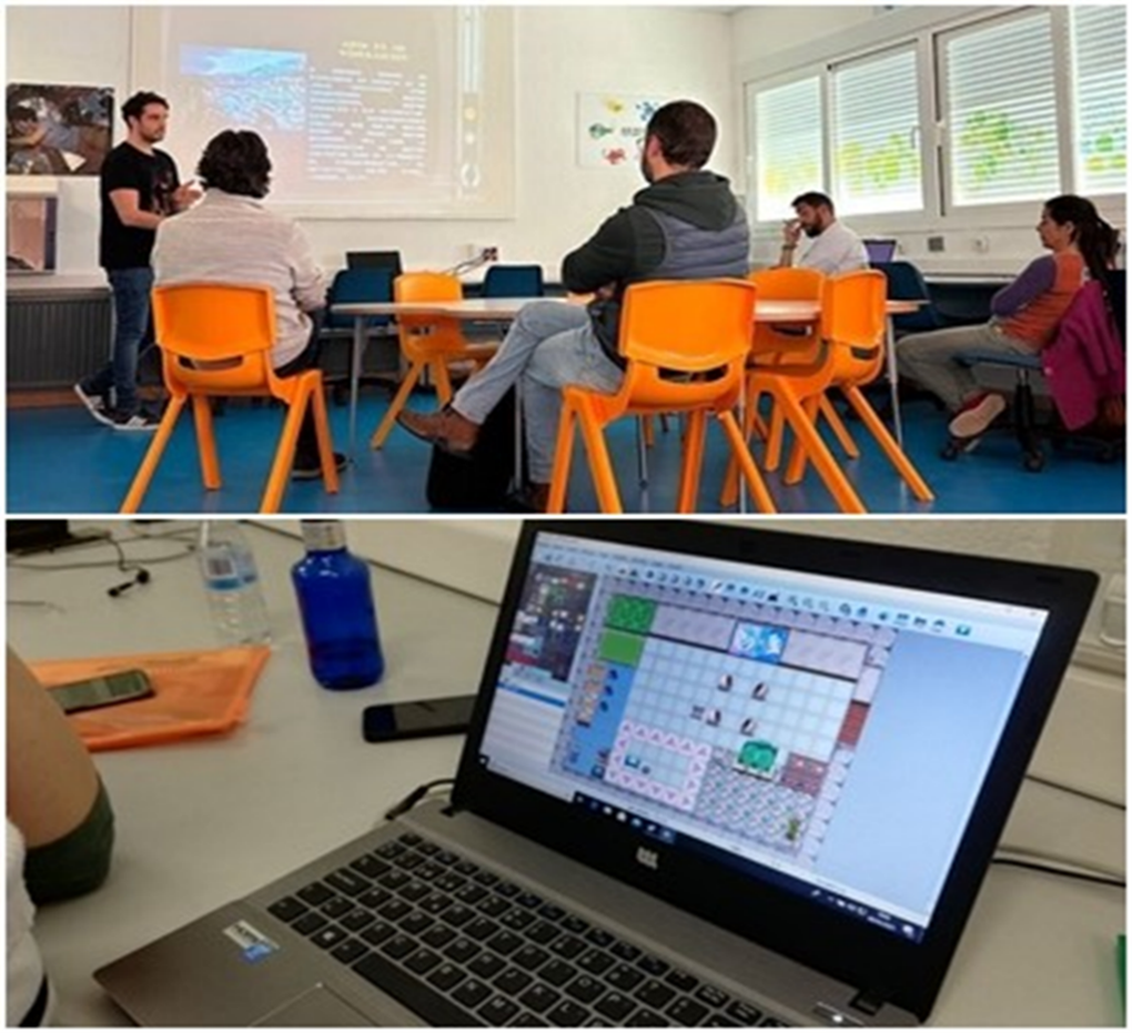 Sesión de formación docente y pantalla de diseño de un videojuego