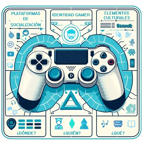 Esquema de cultura gamer con plataformas de socialización, identidad gamer y elementos culturales